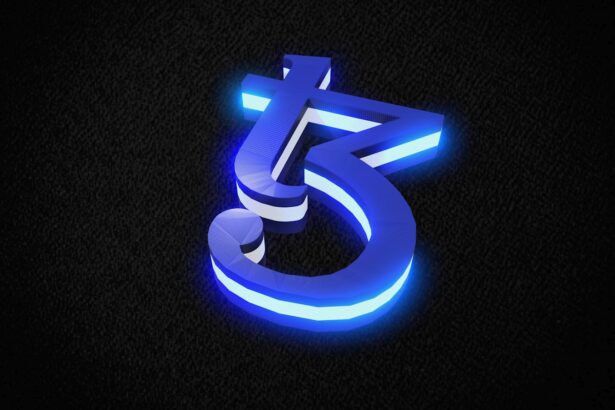 a blue and white logo on a black background