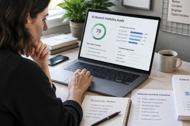 Freelancer reviewing an AI-search visibility audit and client report.