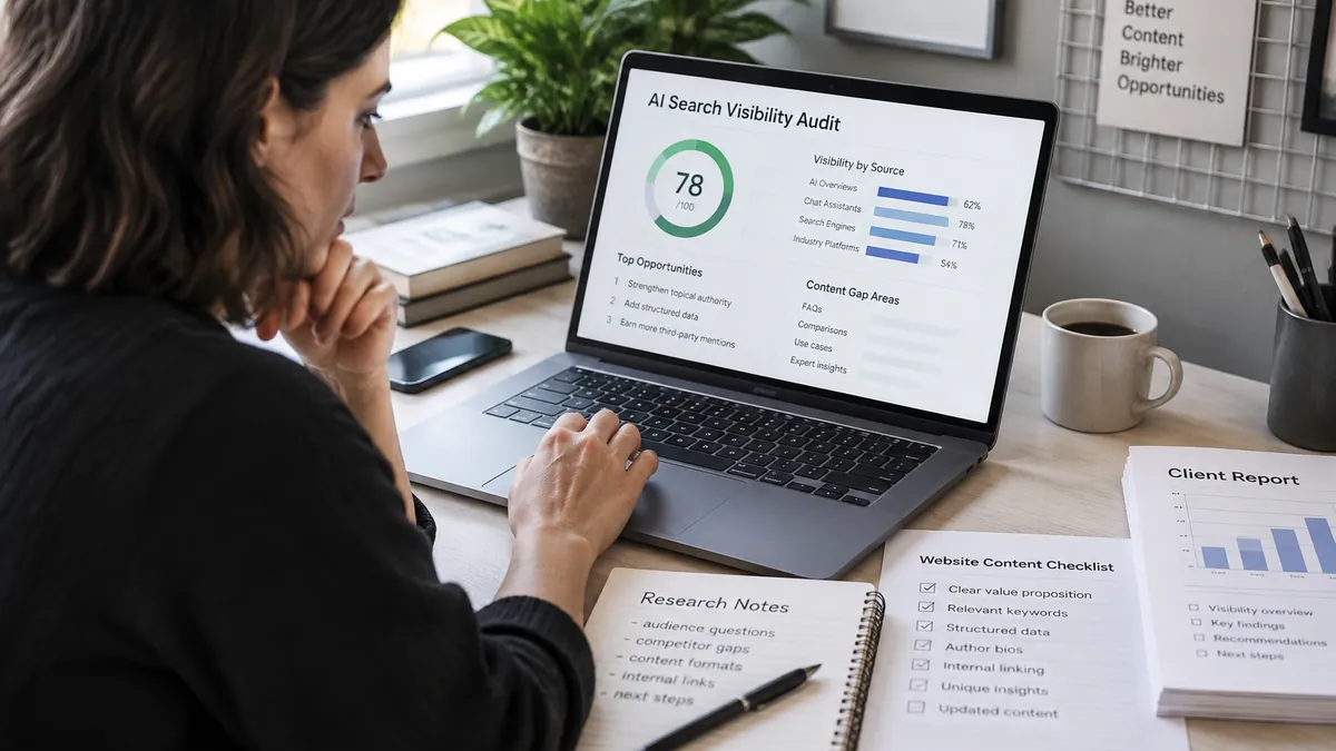 Freelancer reviewing an AI-search visibility audit and client report.