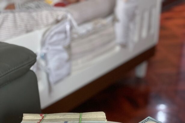 a stack of money sitting on top of a white table