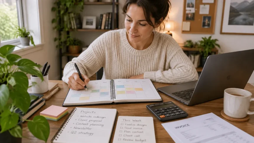 Freelancer planning weekly client capacity with a calendar and project notes