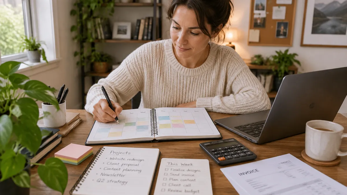 Freelancer planning weekly client capacity with a calendar and project notes