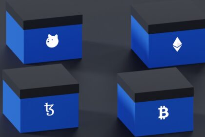 three blue boxes with white symbols on them