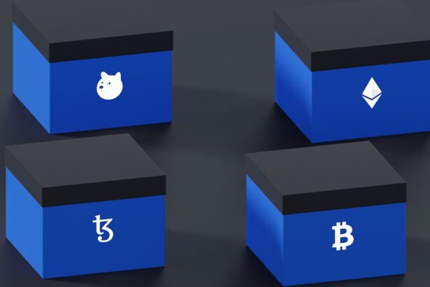 three blue boxes with white symbols on them