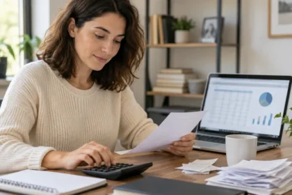 Freelance finance assistant checking a monthly expense spreadsheet beside organized receipts.
