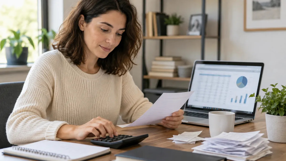 Freelance finance assistant checking a monthly expense spreadsheet beside organized receipts.