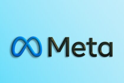 a blue and black logo with the word meta