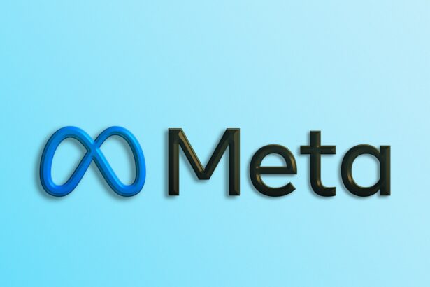 a blue and black logo with the word meta