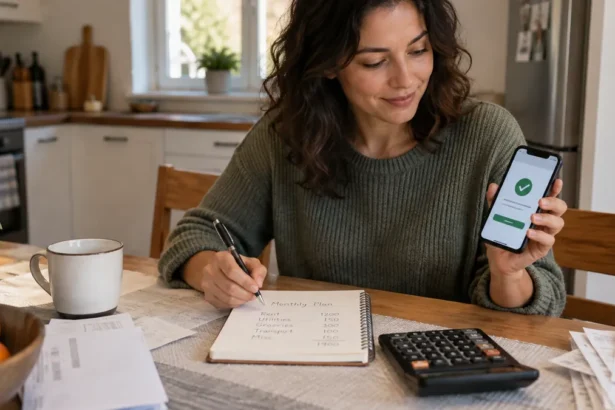 Person reviewing a household budget beside a smartphone and calculator