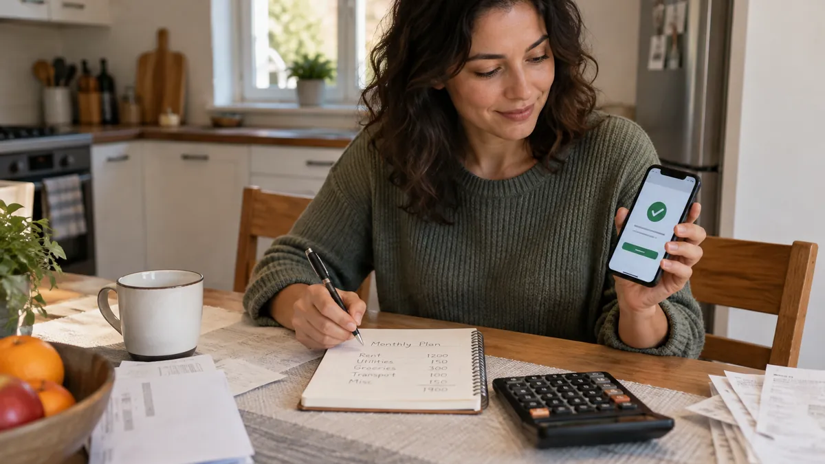 Person reviewing a household budget beside a smartphone and calculator
