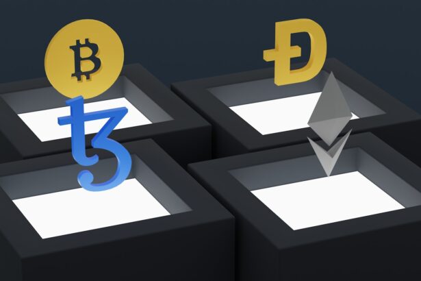 three blocks with bitcoins and arrows on them