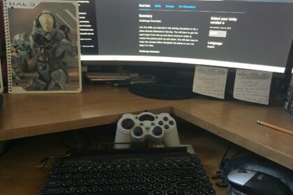 a computer desk with a keyboard and a monitor